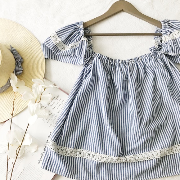 Haute Monde Tops - Blue + White slightly Cropped Top